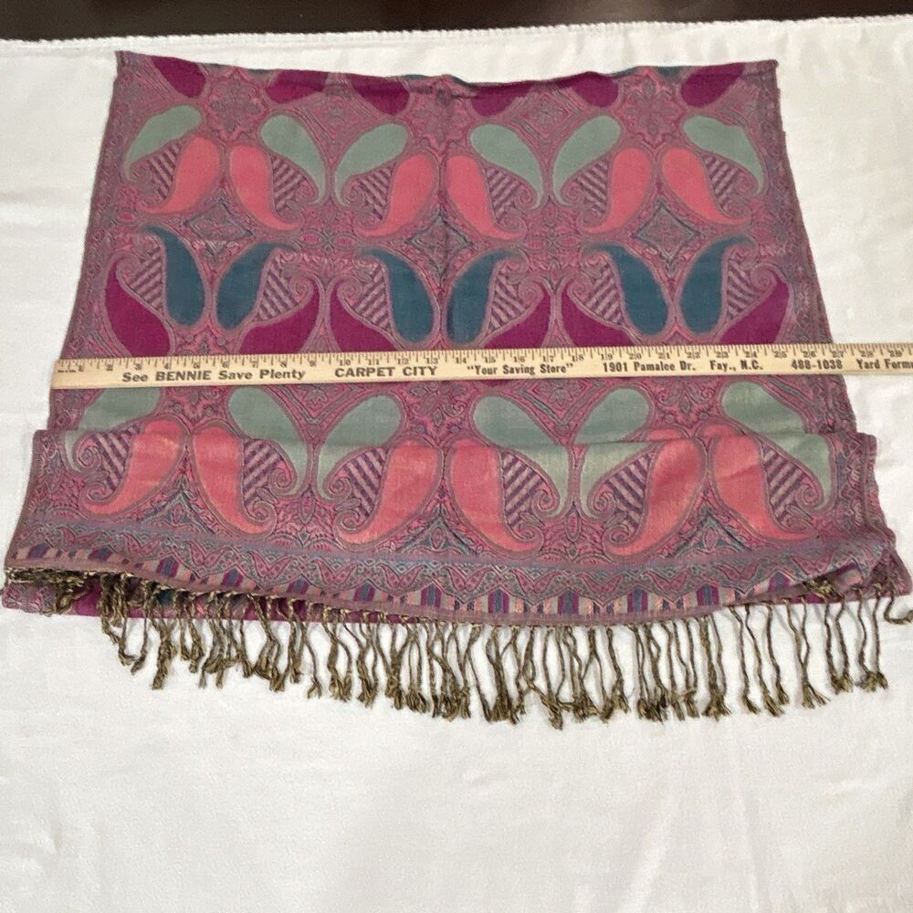 Pashmina Cashmere Silk Paisley Fringe Scarf Wrap Purple Pink Teal 72x27. 0074